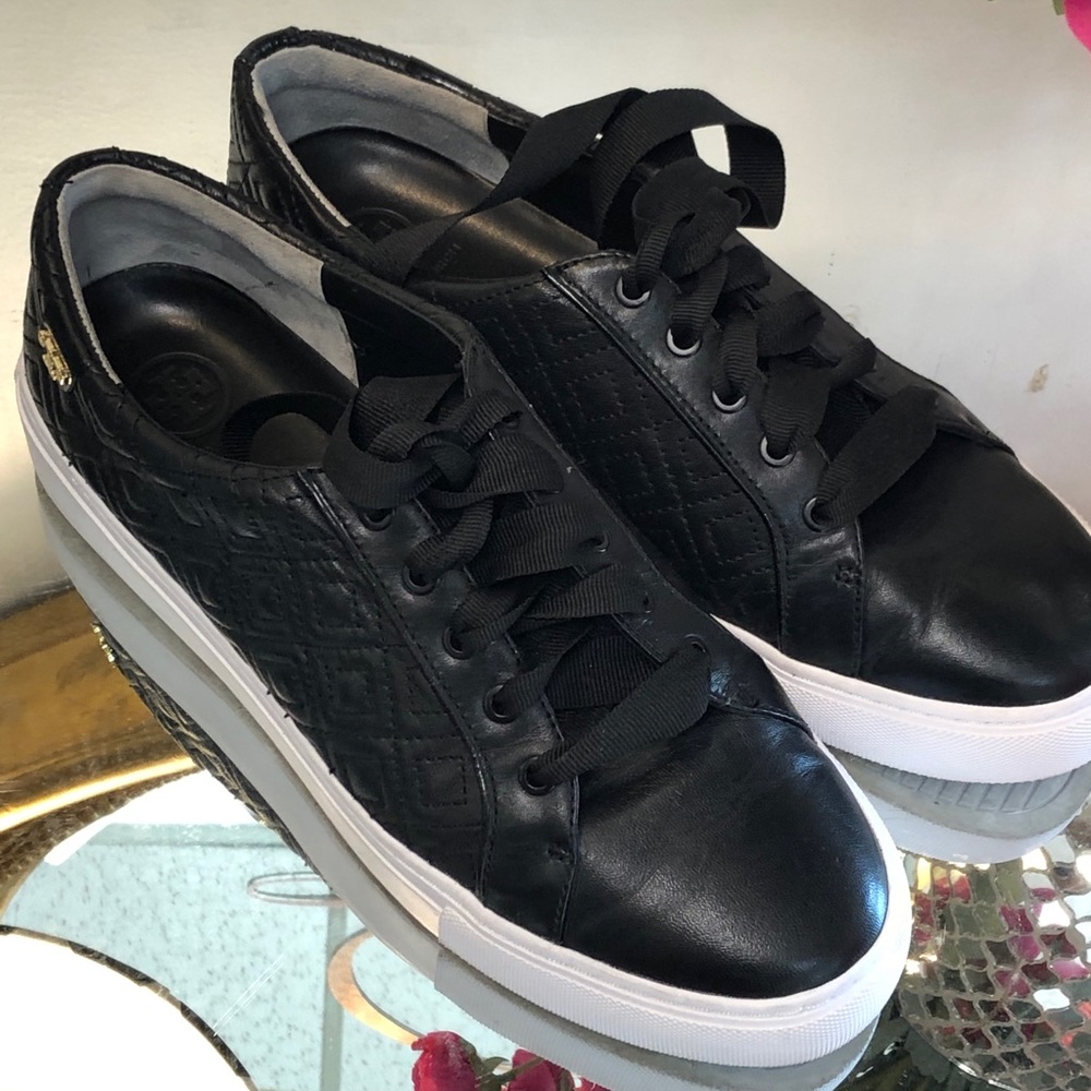 Tory Burch Black Leather Marion Quilted Sneakers - Picture 5 of 8